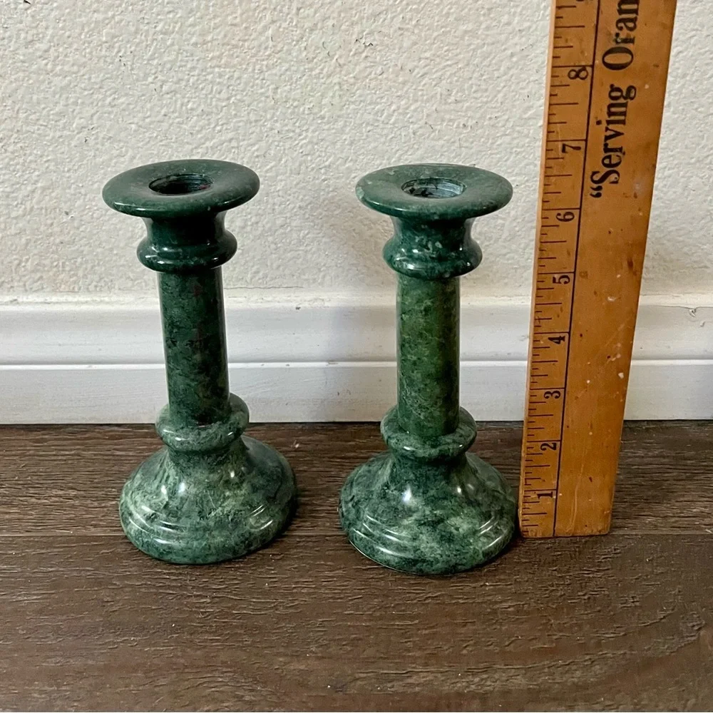 Green Marble Candlestick Pair - Elegant Home Accent 6.5 Inch tall